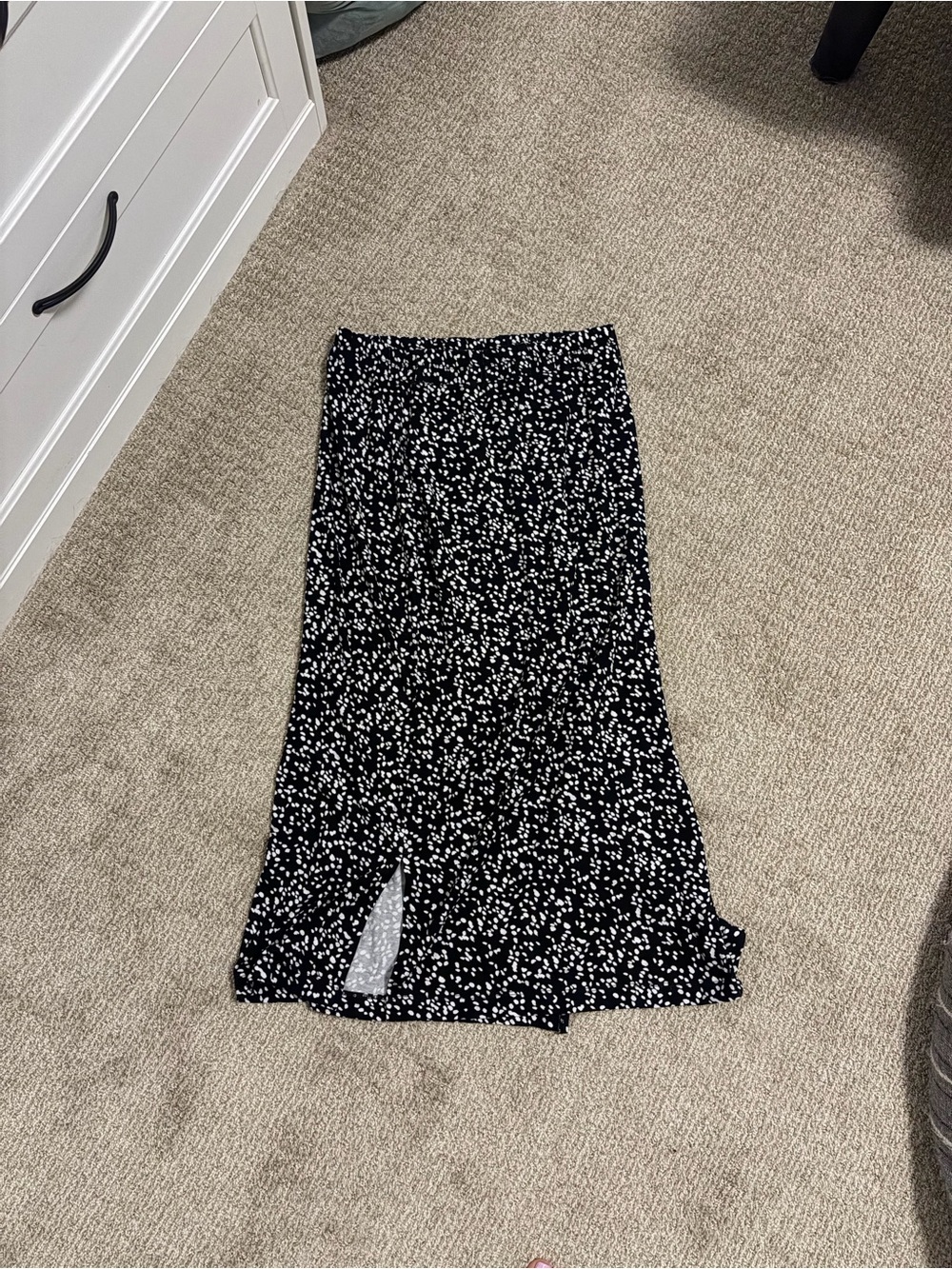 Essentials Black and White Ditsy Print Midi Skirt with Side Slit